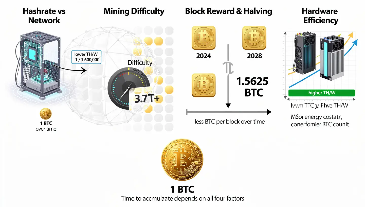 Four variables control how long any given setup needs to accumulate 1 Bitcoin.