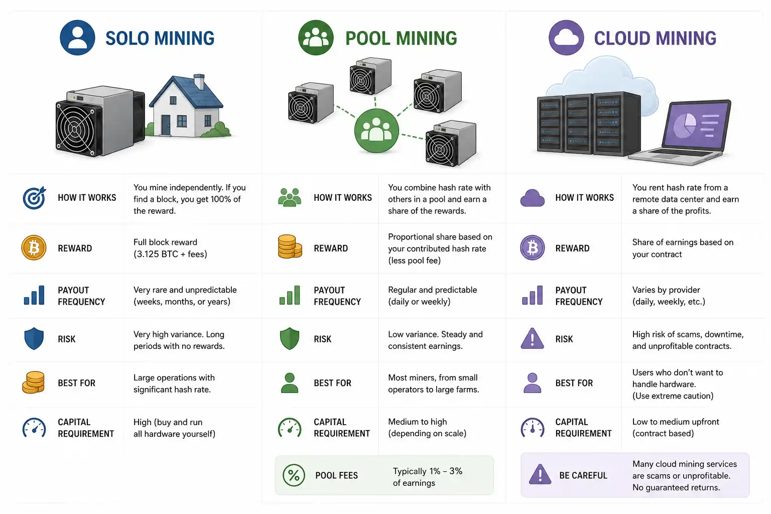 Solo Mining vs Pool Mining vs Cloud Mining